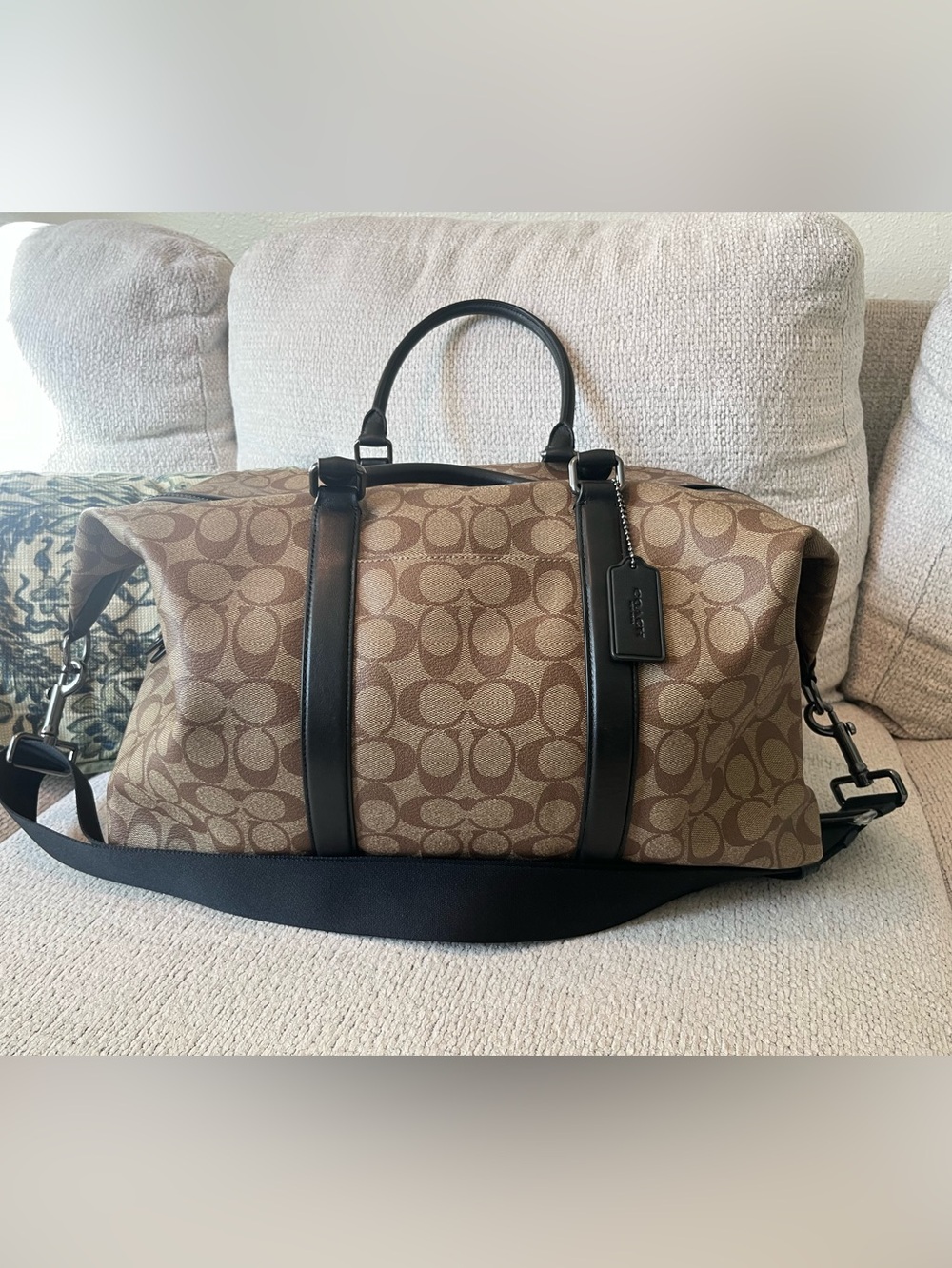 Coach Brown Signature Coated Canvas Travel Duffel with Black Leather Trim